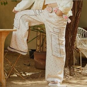 POL Cream Floral Boot Cut Jeans with Stud & Distressed Lace Detail